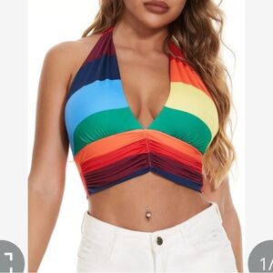 New women’s small rainbow halter tank top club dance EDC crop top